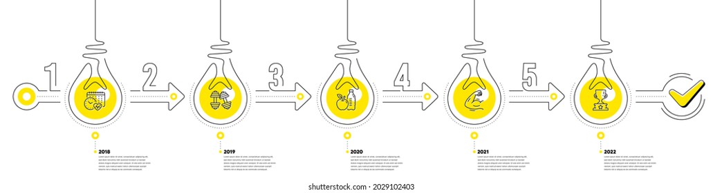 Lightbulb journey path infographics. Gym Infographic timeline with 5 steps. Sport process diagram with Exercise schedule, Dumbbells, Strong muscle arm and Winner cup line icons. Vector