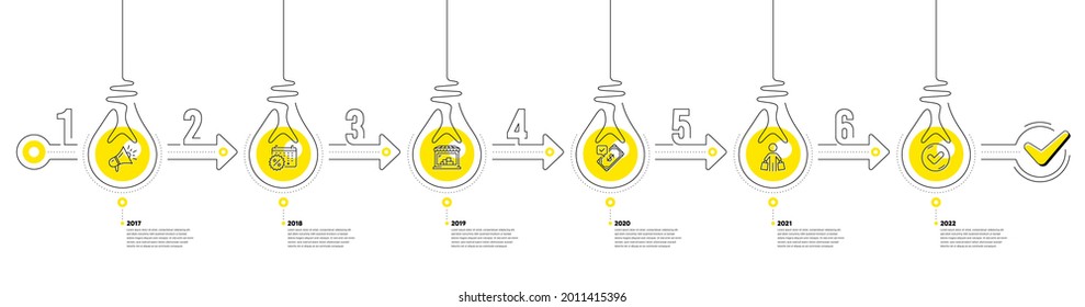 Lightbulb Journey Path Infographics. Trade Infographic Timeline With 6 Steps. Shopping Process Diagram With Discounts Calendar, Shop, Payment And Shopper With Purchases Line Icons. Vector