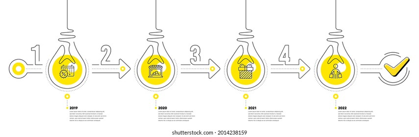 Lightbulb journey path infographics. Trade Infographic timeline with 4 steps. Shopping process diagram with Discounts calendar, Shop, Gift and Shopper with purchases line icons. Vector