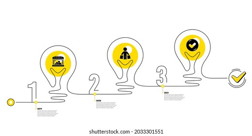 Lightbulb journey path infographics. Trade Infographic timeline with 3 steps. Shopping process diagram with Trade store, Shopper with purchases, Approved tick icons. Timeline infograph diagram. Vector