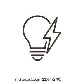 Lightbulb lamp with electricity thunder symbol. Vector thin line icon illustration for concepts of energy, electricity, brainstorming, thinking