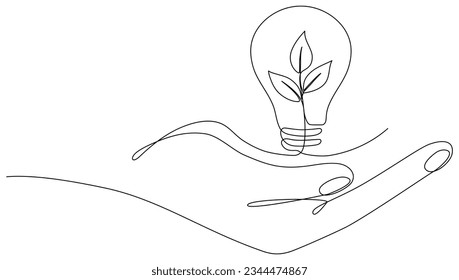 Lightbulb with leaf in hand continuous line drawing. Arm holding sprout with leaves inside lamp. Linear eco symbol. Vector illustration isolated on white.