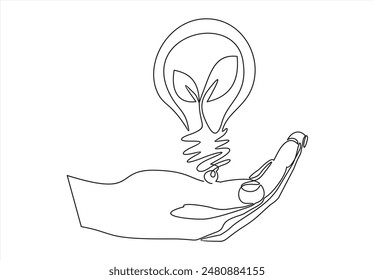 Lightbulb with leaf in hand continuous line drawing. Arm holding sprout with leaves inside lamp. Linear eco symbol. Vector illustration isolated on white.