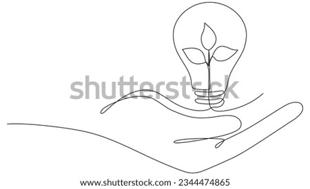 Lightbulb with leaf in hand continuous line drawing. Arm holding sprout with leaves inside lamp. Linear eco symbol. Vector illustration isolated on white.