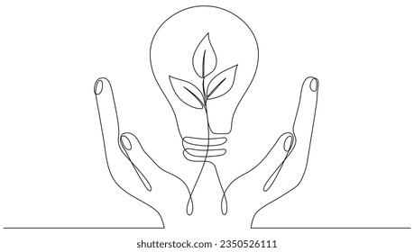 Lightbulb with leaf in hands continuous line drawing. Arms holding sprout with leaves inside lamp. Linear eco symbol. Vector illustration isolated on white.
