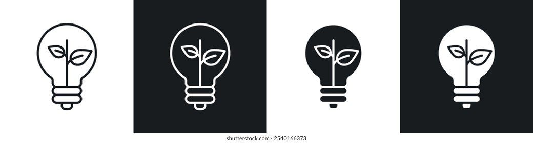 Lâmpada com ícone de folha definido. Símbolos vetoriais em cores pretas e brancas.
