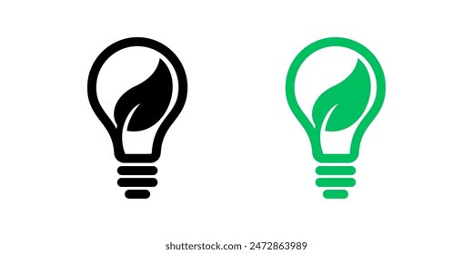 Lightbulb and leaf icons for green energy and eco environment, vector symbols. Leaf and light bulb lamp icons, recyclable or reusable and ecology conservation signs