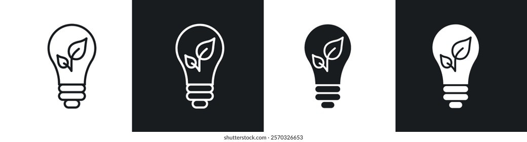 Lightbulb with leaf icons vectors set in black. line and flat versions