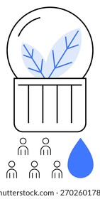 Lâmpada com folha no interior simboliza sustentabilidade e inovação. Abaixo, um grupo de pessoas e um gotejamento significam comunidade e conservação de recursos. Ideal para ecologia, tecnologia ecológica