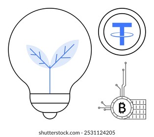 Lightbulb with leaf symbol, Tether cryptocurrency icon, and Bitcoin symbol with circuit connections presented in a clean design. Ideal for sustainability, cryptocurrency, finance, innovation