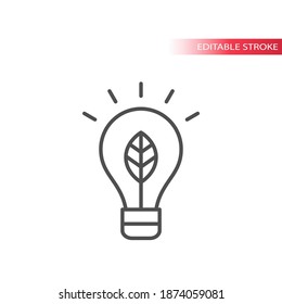 Lightbulb with leaf thin line icon. Eco or ecology, green energy concept outline symbol, editable stroke.