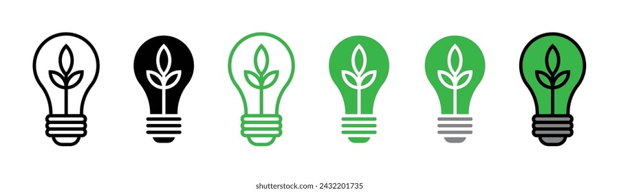 Lightbulb with Leaf Vector Illustration Set. Green Eco Energy Sign Suitable for Apps and Websites UI Design Style.