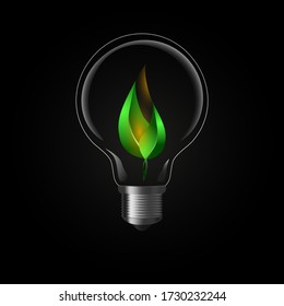 Lightbulb with leaves and fire inside. Vector illustration