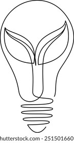 Lightbulb with leaves inside drawn by one continuous line. Single line doodle drawing of creative concept of Green energy and environmental friendly sources. Editable stroke. Vector illustration.