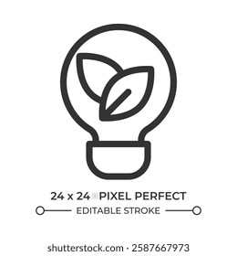 Lightbulb with leaves inside line ui icon. Clean electrical power usage. Renewable energy sources benefits. Isolated vector outline symbol. Webdesign user interface element linear, pixel perfect