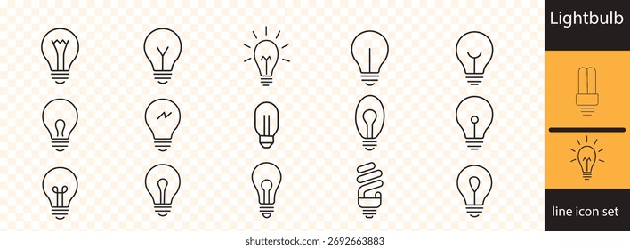 Ícone de linha de lâmpada definido . Lâmpada com raios. Iluminação Lâmpada elétrica. Ideia criativa, solução, conceito de pensamento