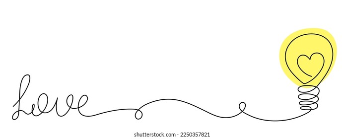 Lightbulb with love,one-line continuous contour,hand-drawn electric device contour outline.Electric lighting and illumination romantic decoration design.Editable stroke.Isolated.Vector illustration