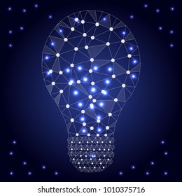 Lightbulb low poly design with connecting dots, stars. Internet technology icon triangle polygonal network concept. Blue sky background, polygon wireframe connected point illustration.