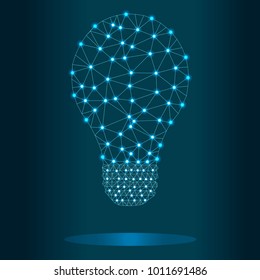 Lightbulb low poly design with connecting dots, stars. Internet technology icon triangle polygonal network concept. Blue sky background, polygon wireframe connected point illustration.