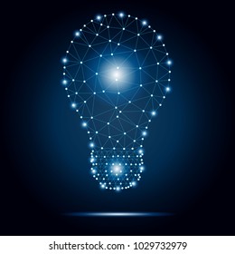 Lightbulb low poly design with connecting dots, stars. Internet technology icon triangle polygonal network concept. Blue sky background, polygon wireframe connected point illustration.