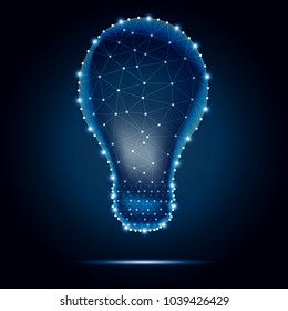 Lightbulb low poly design with connecting dots, stars, mesh. Internet technology icon triangle polygonal network concept. Blue sky background, polygon wireframe connected point illustration. 