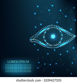 Lightbulb low poly design with connecting dots, stars, mesh. Internet technology icon triangle polygonal network concept. Blue sky background, polygon wireframe connected point illustration. 