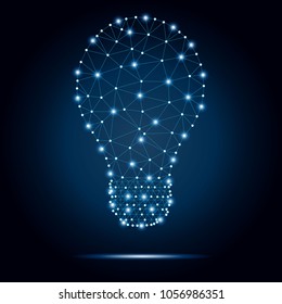 Lightbulb low poly design with connecting dots, stars. Internet technology icon triangle polygonal network concept. Blue sky background, polygon wireframe connected point illustration.
