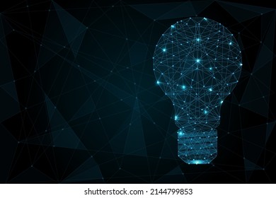 Lightbulb low poly design with connecting dots, stars. Internet technology icon triangle polygonal network concept. Dark blue background, polygon wireframe connected point illustration