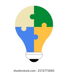 Lightbulb Made Of Puzzle Pieces In Flat Vector Illustration Symbolizing Innovation, Problem Solving, And Creative Thinking, Isolated On White Background.