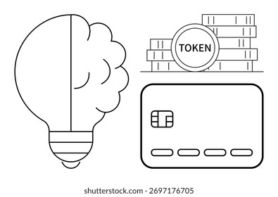 Conceito de fusão de lâmpada com cérebro, pilha de moedas token, cartão de crédito com chip. Ideal para tecnologia, inovação, criptomoeda, finanças, pagamentos, transações digitais e propriedade intelectual