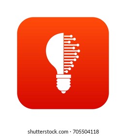 Lightbulb with microcircuit icon digital red for any design isolated on white vector illustration