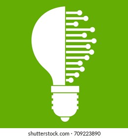 Lightbulb with microcircuit icon white isolated on green background. Vector illustration