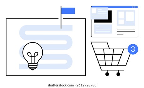 Lightbulb on curvy path, webpage layout, shopping cart with notification 3. Ideal for e-commerce, business strategy, project planning, web development, marketing, innovation, digital concepts. Line
