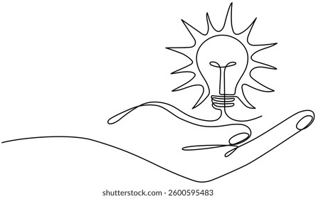Lightbulb on hand continuous line drawing. Electric lamp. Brainstorm linear symbol. Insight concept. Vector isolated on white.