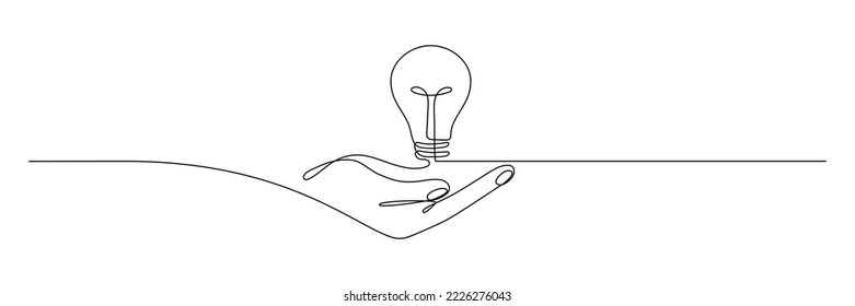Glühbirne auf der Hand eine durchgehende Linienzeichnung. Elektrische Lampe. Lineares Brainstorm-Symbol. Vektorgrafik einzeln auf Weiß.