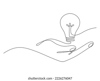 Lightbulb on hand one continuous line drawing. Electric lamp. Brainstorm linear symbol. Vector isolated on white.