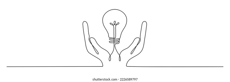 Lightbulb on hand one continuous line drawing. Electric lamp. Brainstorm linear symbol. Vector isolated on white.