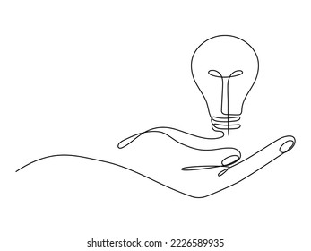 Lightbulb on hand one continuous line drawing. Electric lamp. Brainstorm linear symbol. Vector isolated on white.