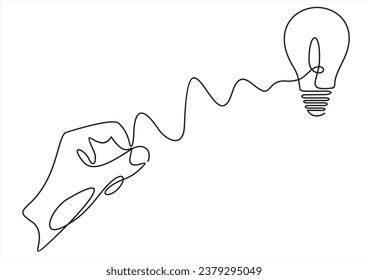Lightbulb on hand one continuous line drawing. Electric lamp. Brainstorm linear symbol. Vector isolated on white.	
