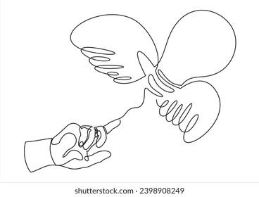 Bombilla de mano con un dibujo de línea continua. Lámpara eléctrica. Símbolo lineal de lluvia de ideas. Vector aislado en blanco.	
