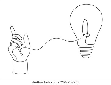 Lightbulb on hand one continuous line drawing. Electric lamp. Brainstorm linear symbol. Vector isolated on white.	