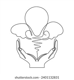 Lightbulb on hand one continuous line drawing. Electric lamp. Brainstorm linear symbol. Vector isolated on white.	