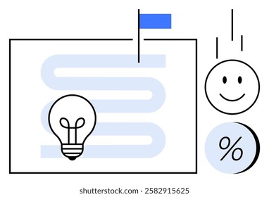 Lightbulb on a wavy path leading to a flag, accompanied by a happy face and percentage icon. Ideal for business strategy, innovation, creativity, goal setting, progress, motivation, and success. Line