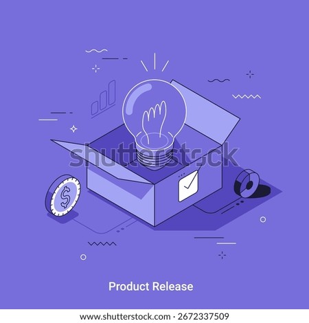 Lightbulb in open project box. Product release new idea. Innovation development concept. Isometric vector illustration for business marketing or website design