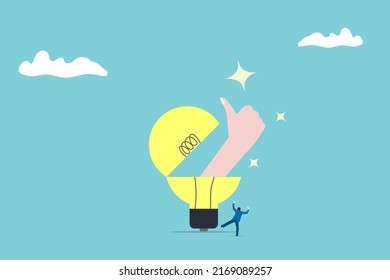 lightbulb open with thumb and businessman happy. business opportunity, vision to discover new solution or idea, curiosity, searching for success concept,