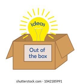 lightbulb out of the box ideas text, concept of creativity and originality in simple flat cartoon style, vector illustration
