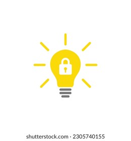 lightbulb with a padlock inside. Patented or locked innovations. Protection and privacy intellectual property.