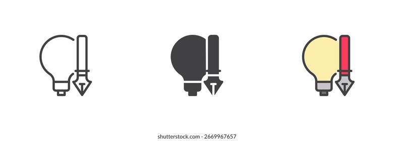 Lightbulb with pen nib shown in different style icon set. Line, solid and filled outline versions. Color vector sign and symbol for idea, creativity, logo drawing icon.