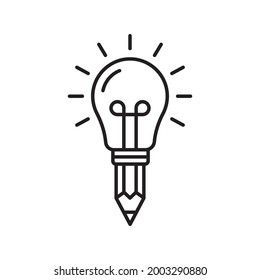 Lightbulb with pencil icon, Thinking and inspiration concept, Writing and drawing creative idea, Linear design, Isolated on white background, Vector illustration