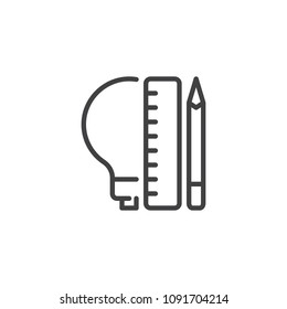 Lightbulb with pencil and ruler outline icon. linear style sign for mobile concept and web design. Design idea simple line vector icon. Symbol, logo illustration. Pixel perfect vector graphics